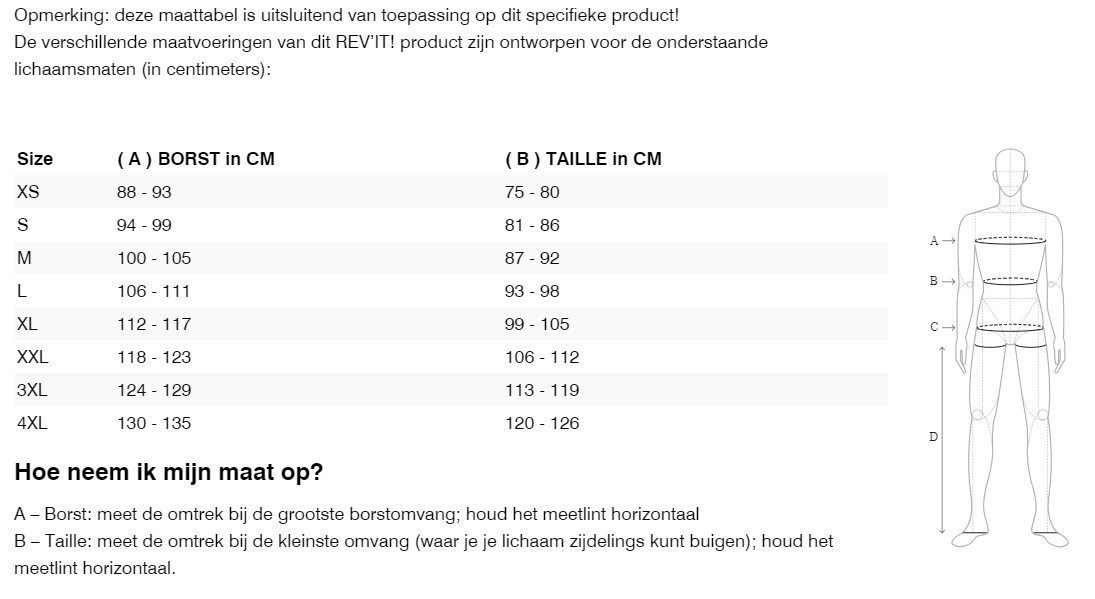 Foto: Size chart REV'IT!