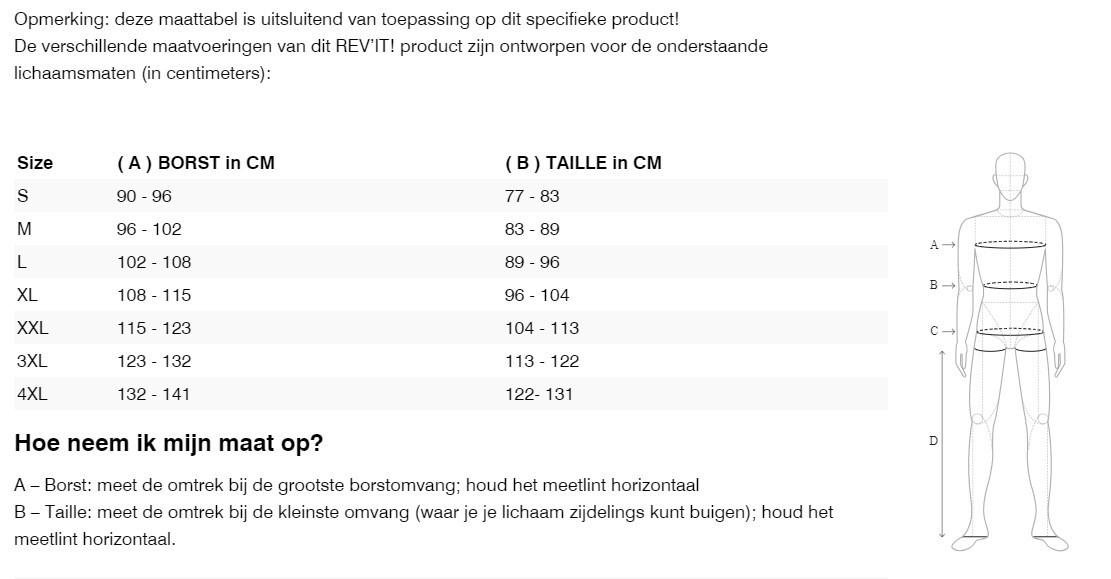 Foto: Size chart REV'IT!