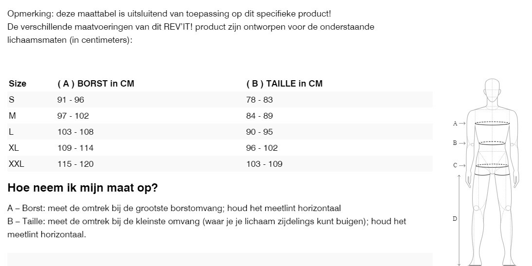 Foto: Size chart REV'IT!