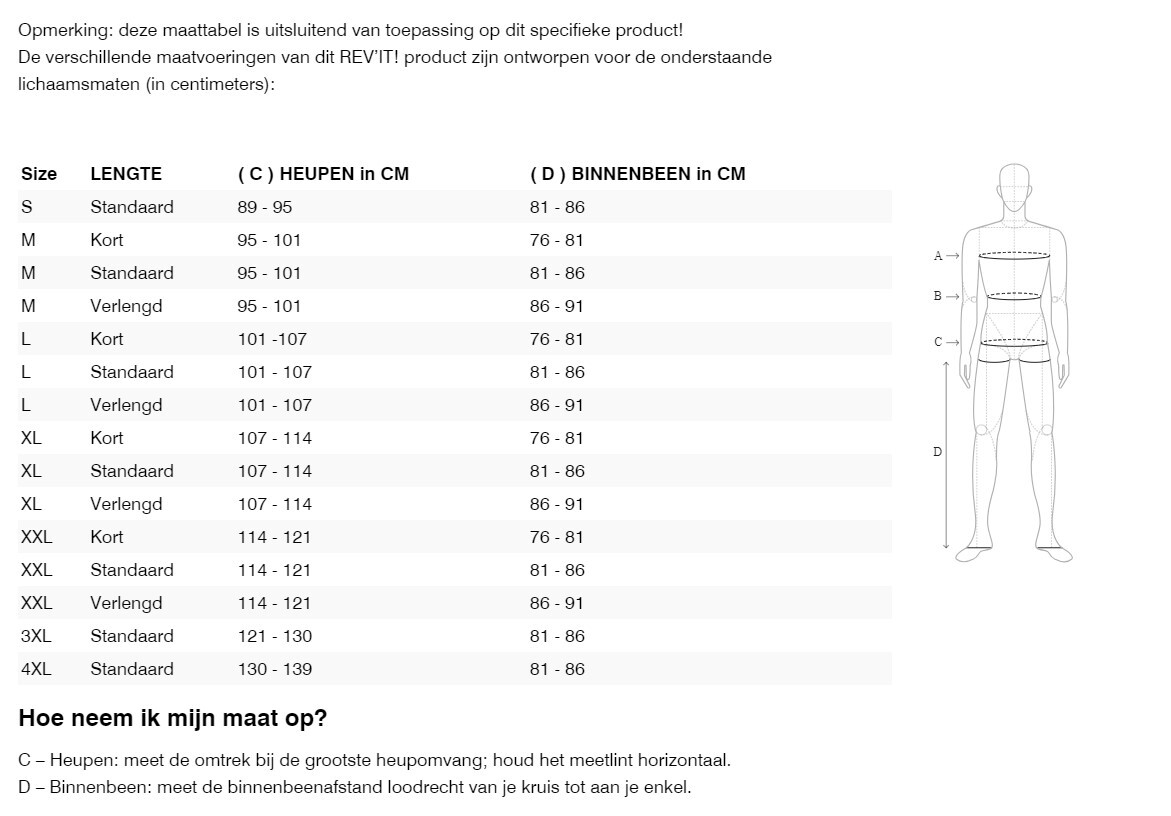 Foto: Size chart REV'IT!