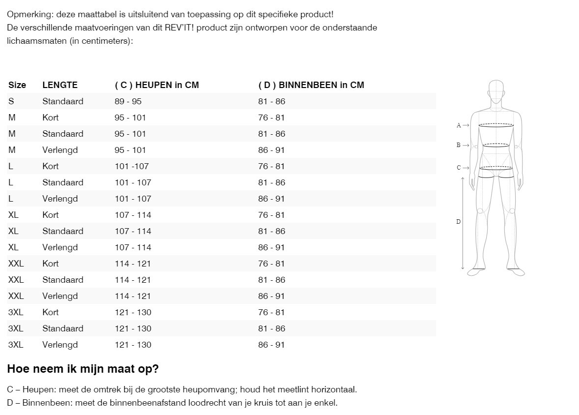 Foto: Size chart REV'IT!