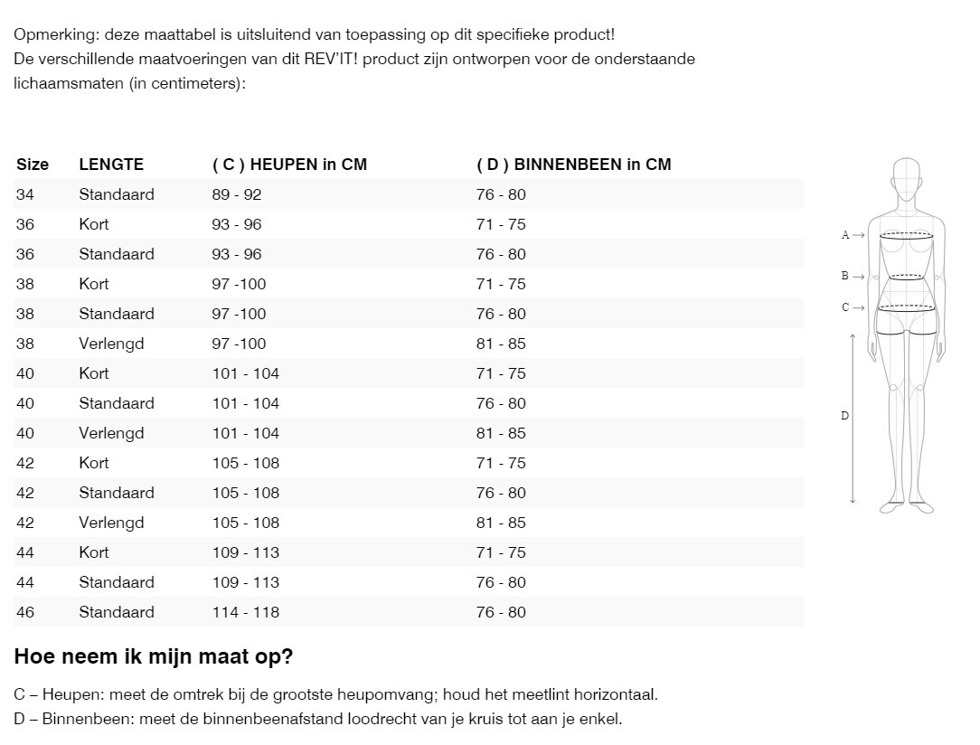 Foto: Size chart REV'IT!