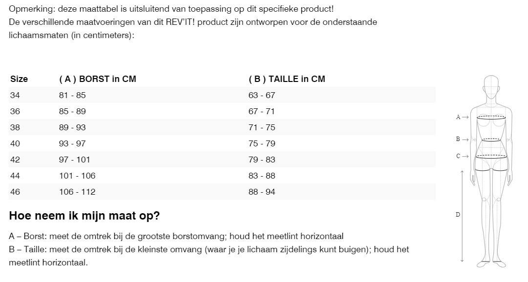 Foto: Size chart REV'IT!