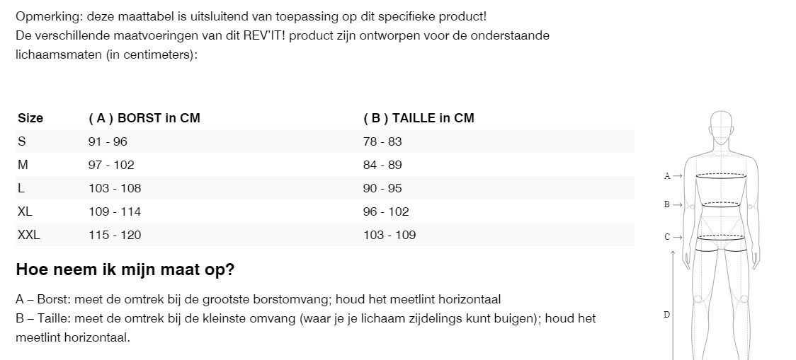 Foto: Size chart REV'IT!