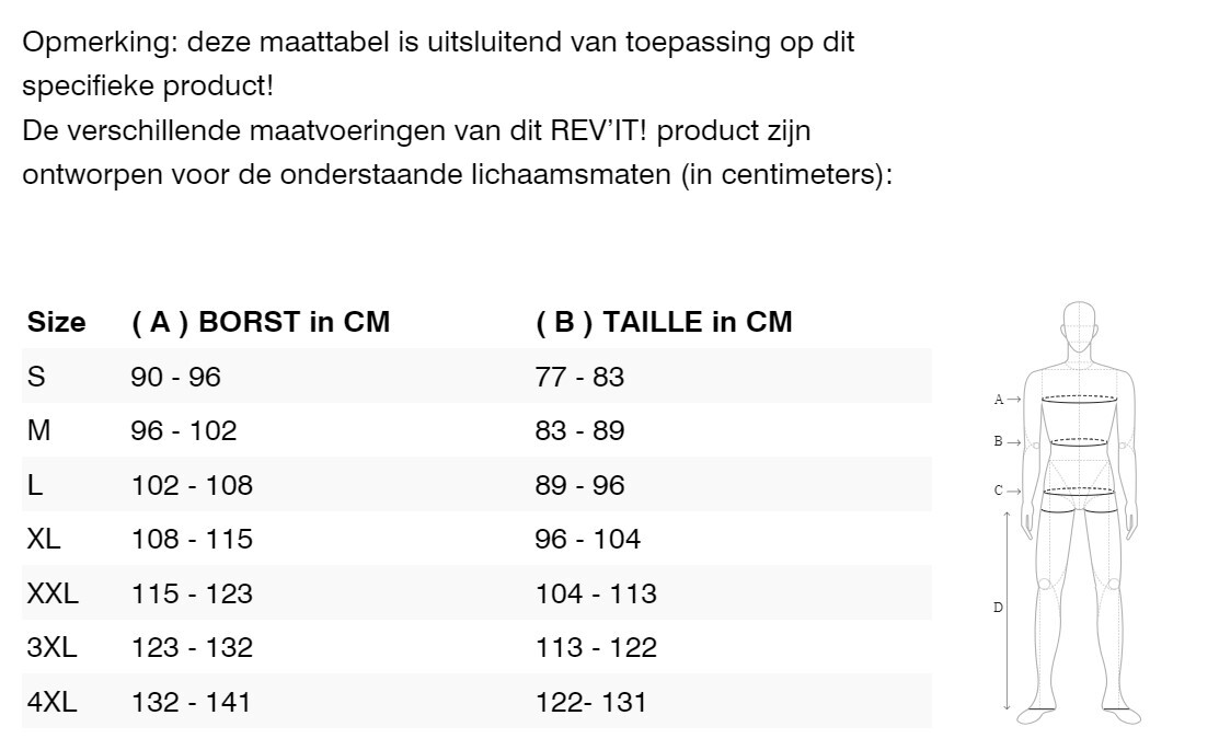 Foto: Size chart REV'IT!