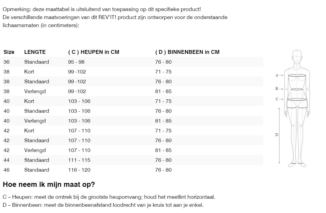 Foto: Size chart REV'IT!