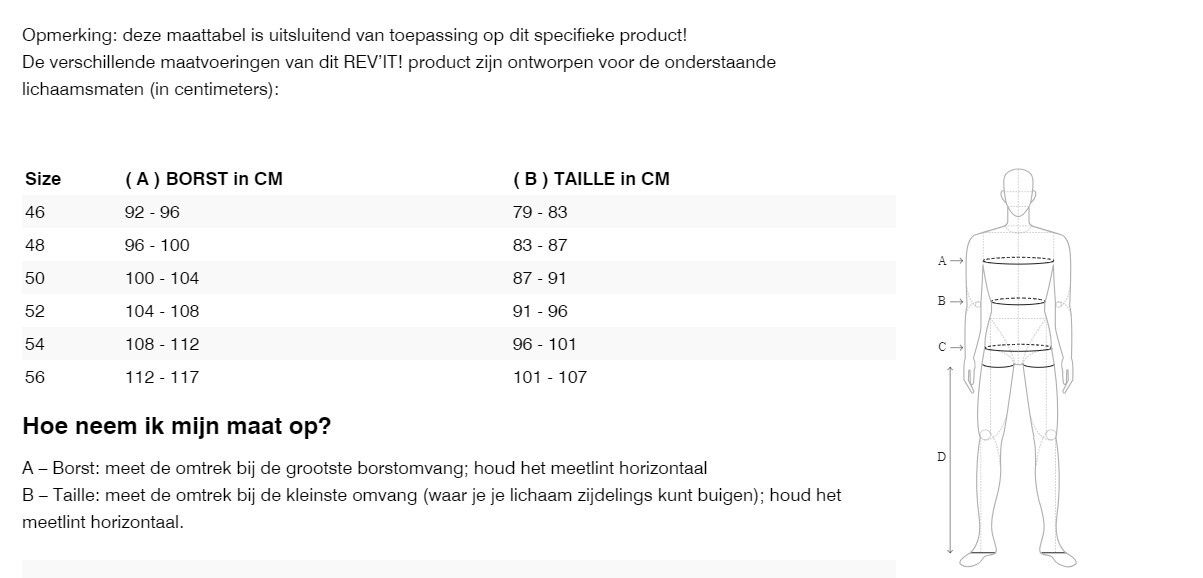 Foto: Size chart REV'IT!