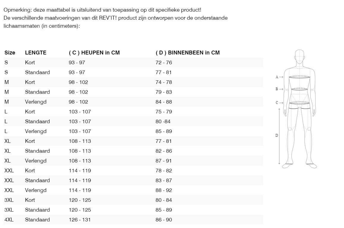 Foto: Size chart REV'IT!