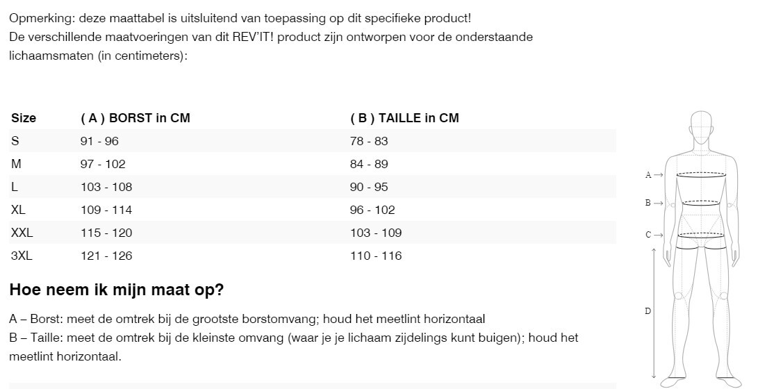 Foto: Size chart REV'IT!