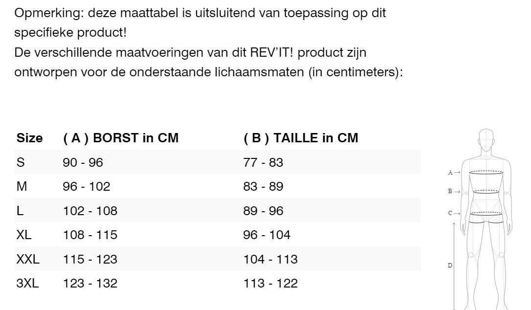 Foto: Size chart REV'IT!