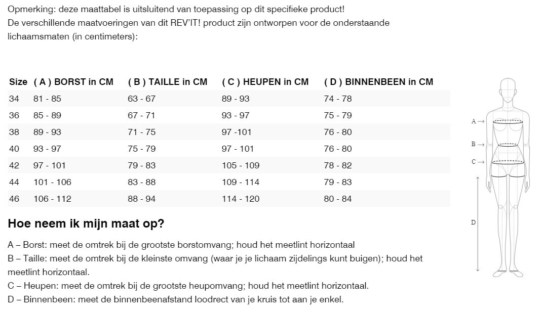 Foto: Size chart REV'IT!