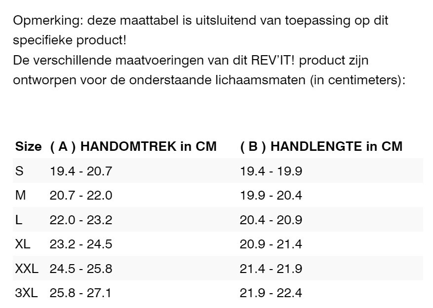 Foto: Size chart REV'IT!