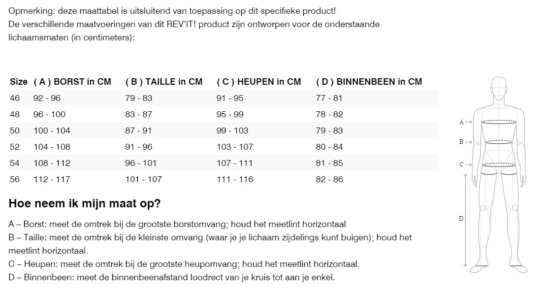 Foto: Size chart REV'IT!
