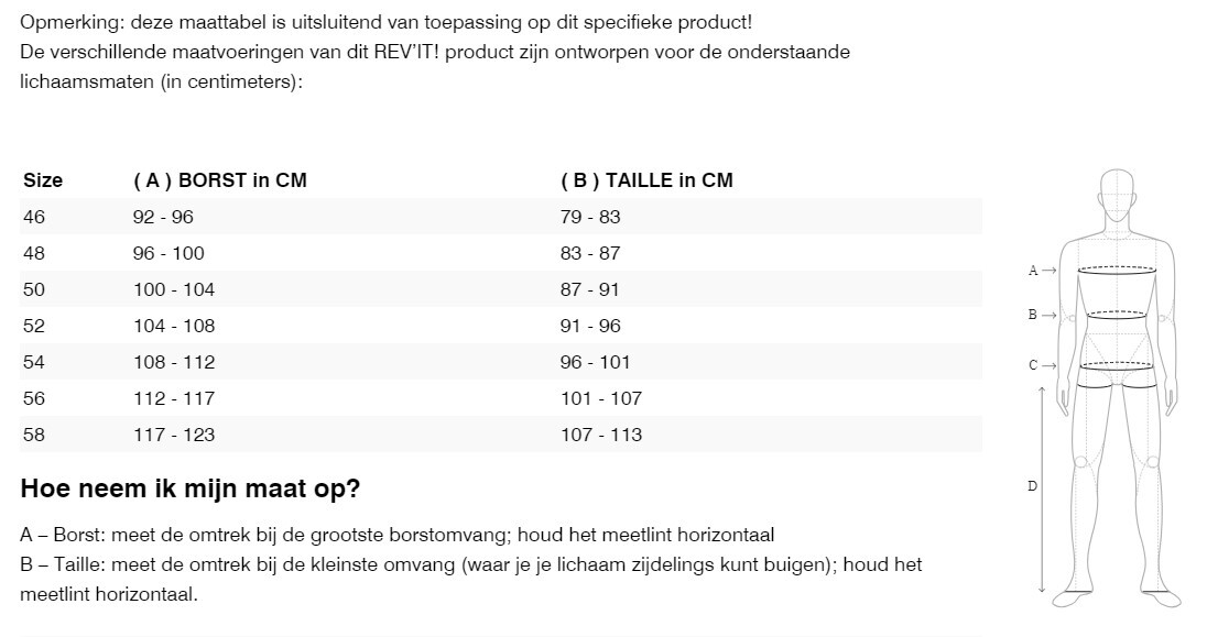 Foto: Size chart REV'IT!