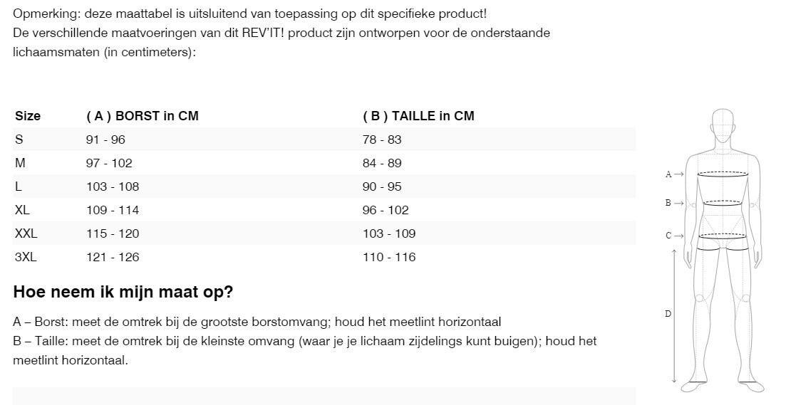 Foto: Size chart REV'IT!