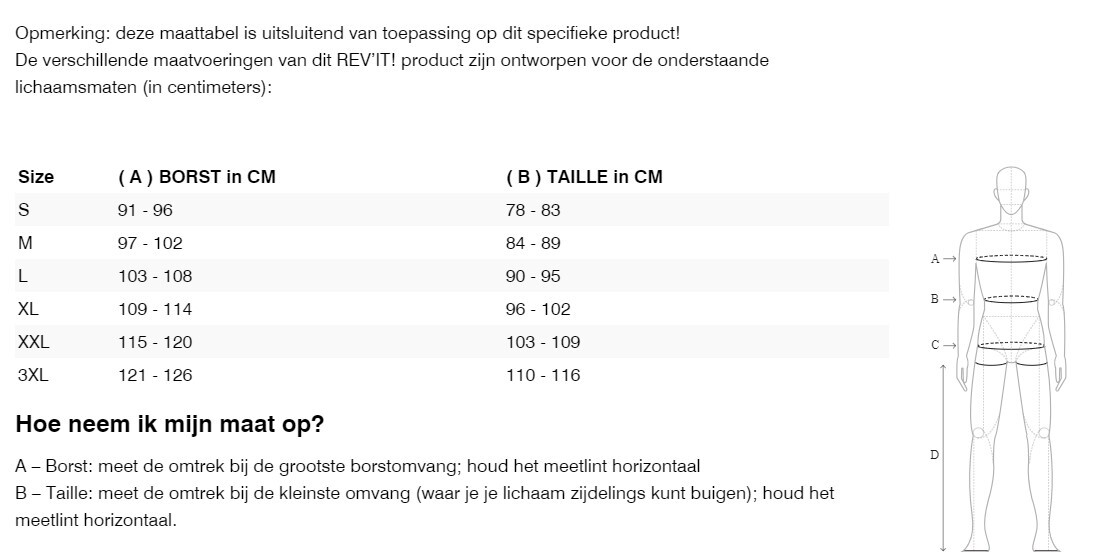 Foto: Size chart REV'IT!