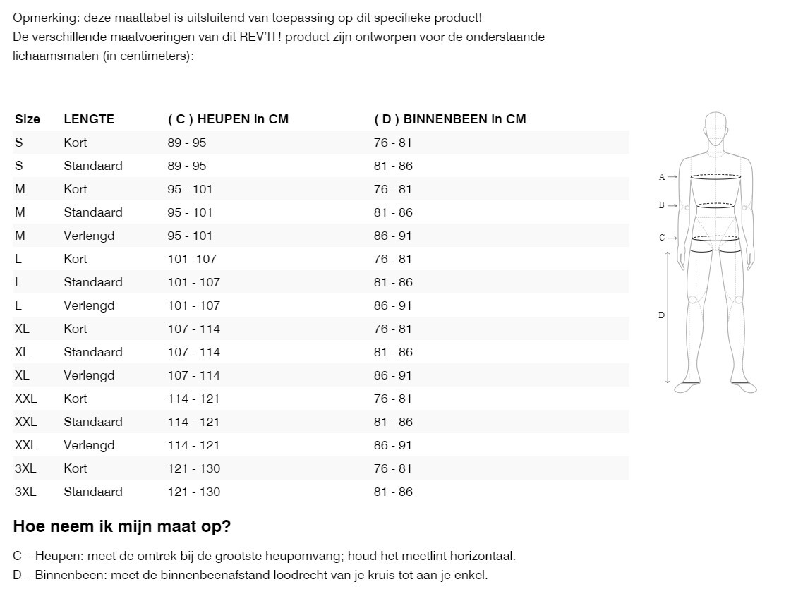 Foto: Size chart REV'IT!