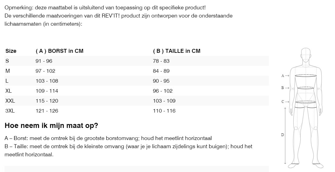 Foto: Size chart REV'IT!