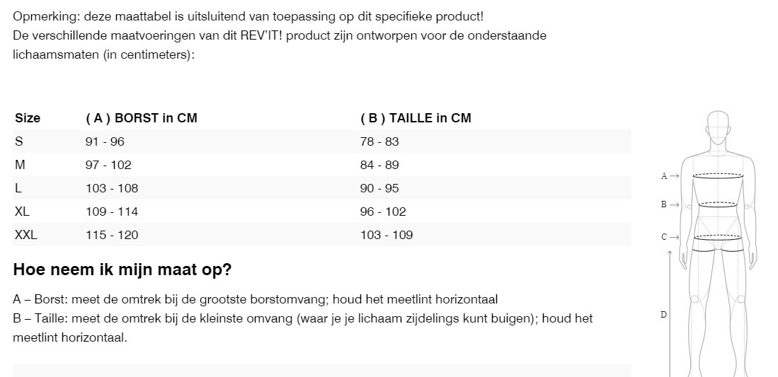 Foto: Size chart REV'IT!