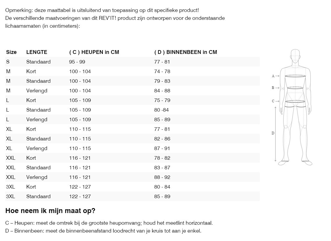 Foto: Size chart REV'IT!