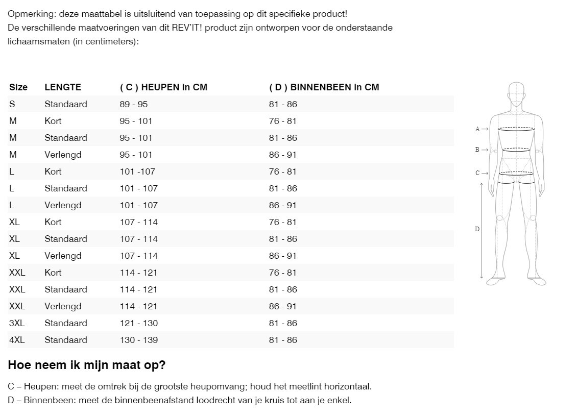 Foto: Size chart REV'IT!