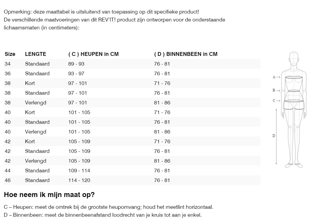 Foto: Size chart REV'IT!