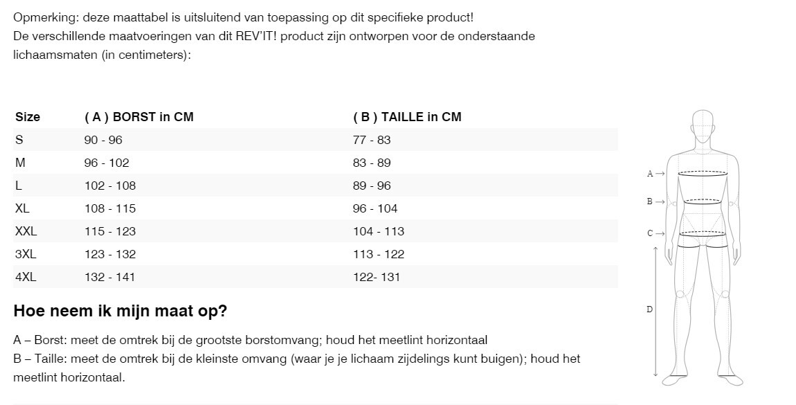 Foto: Size chart REV'IT!
