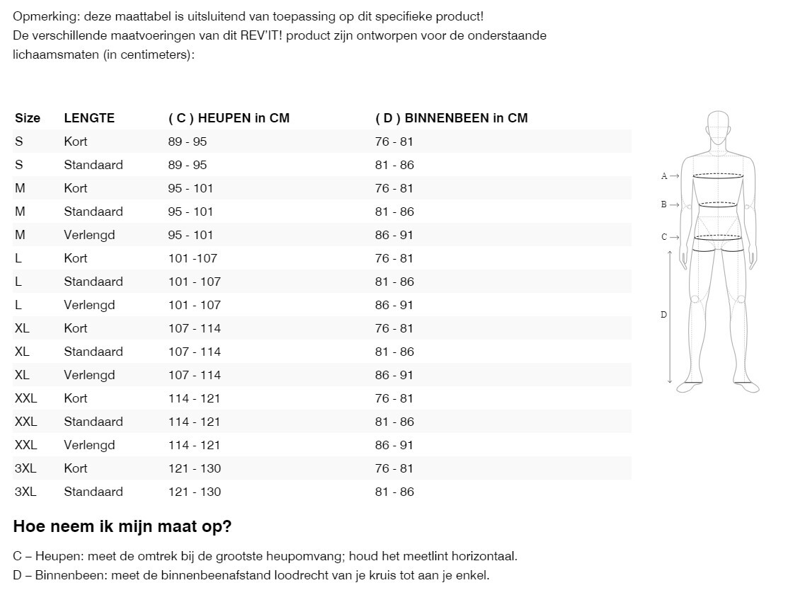 Foto: Size chart REV'IT!