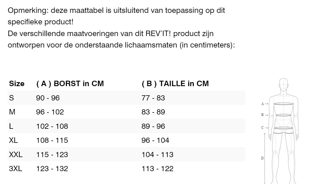 Foto: Size chart REV'IT!