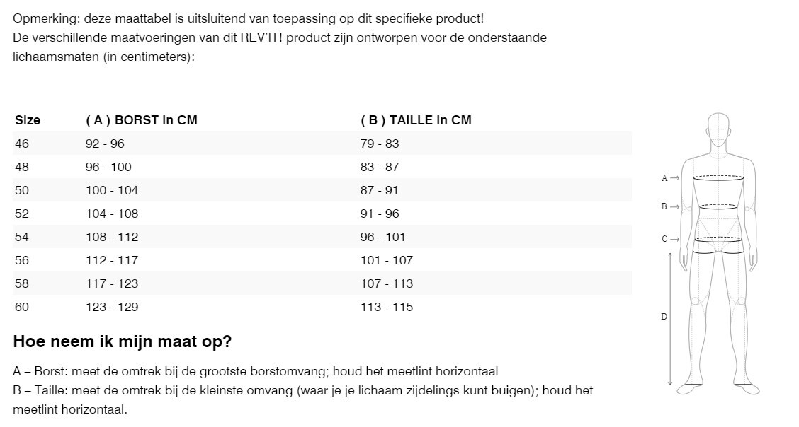 Foto: Size chart REV'IT!