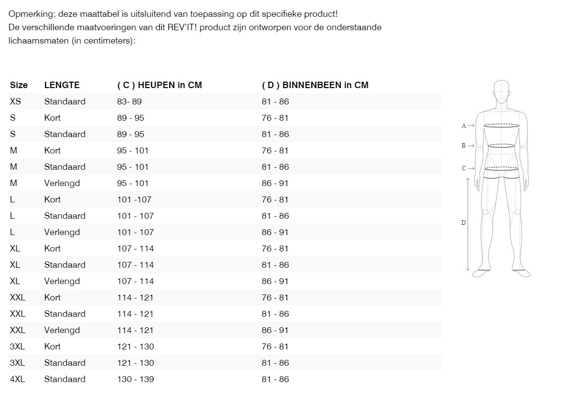 Foto: Size chart REV'IT!