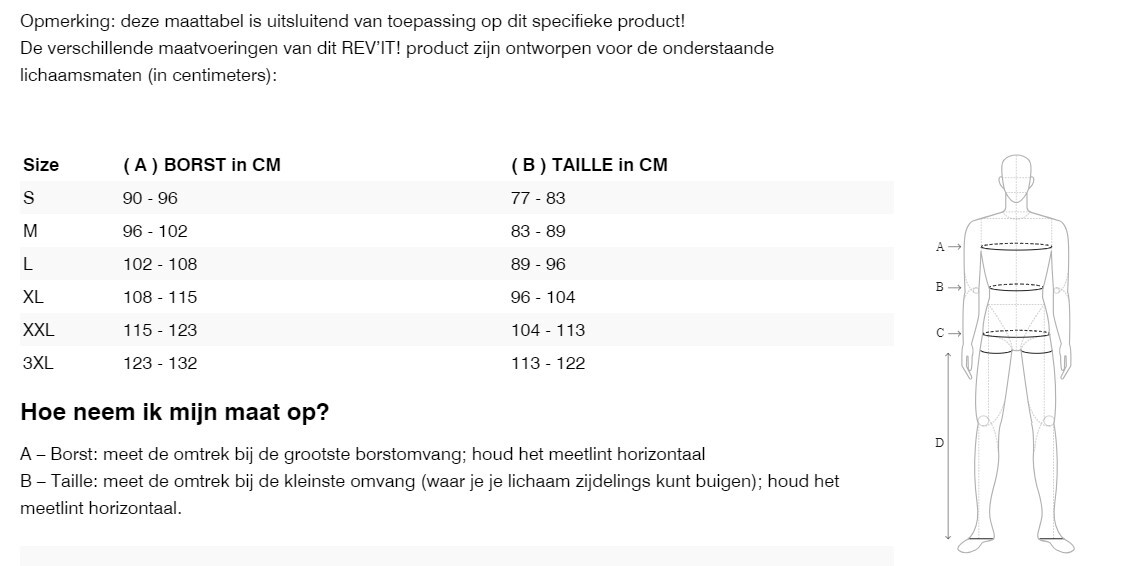 Foto: Size chart REV'IT!