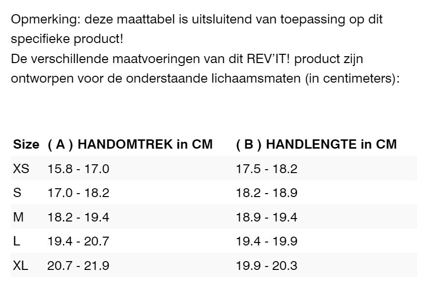 Foto: Size chart REV'IT!