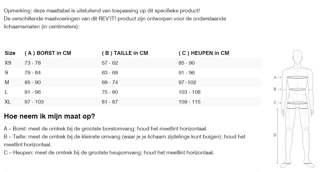 Foto: Size chart REV'IT!