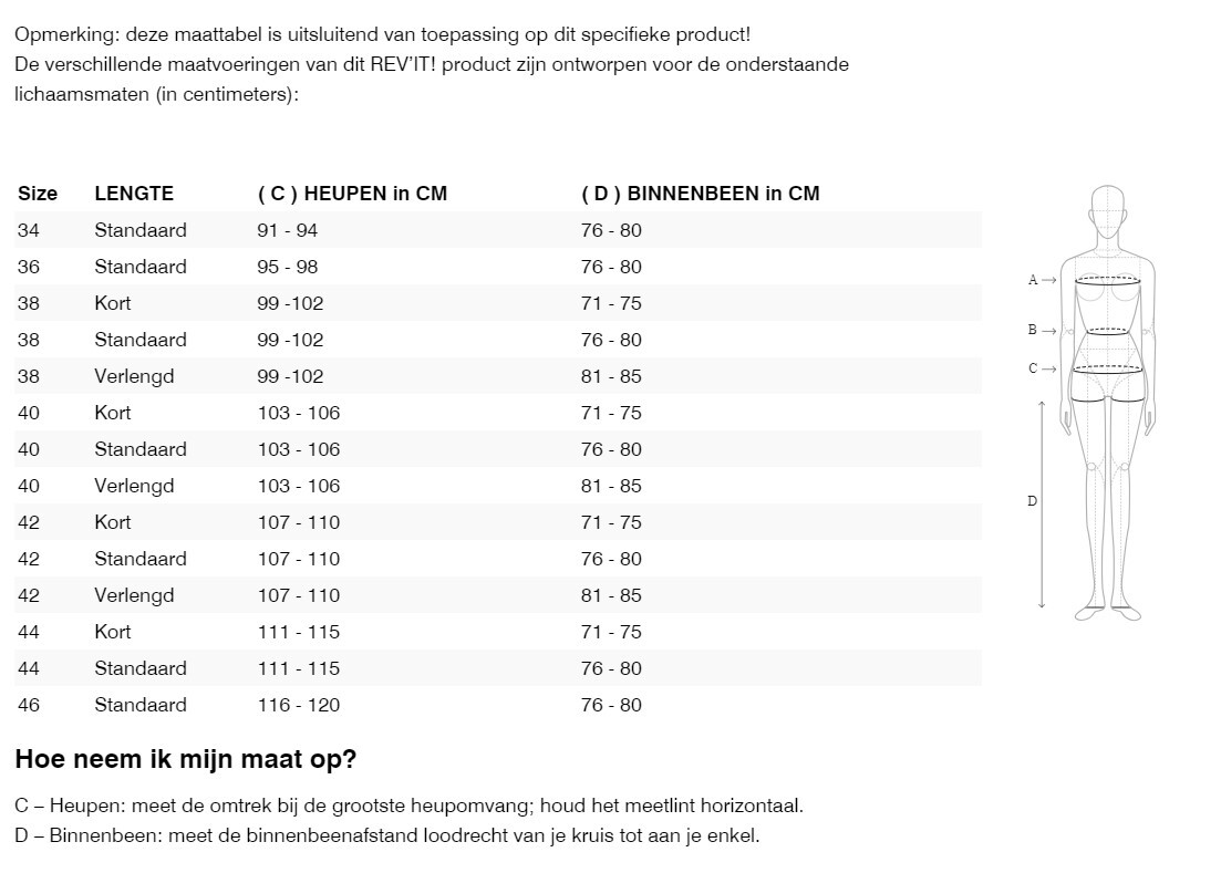 Foto: Size chart REV'IT!