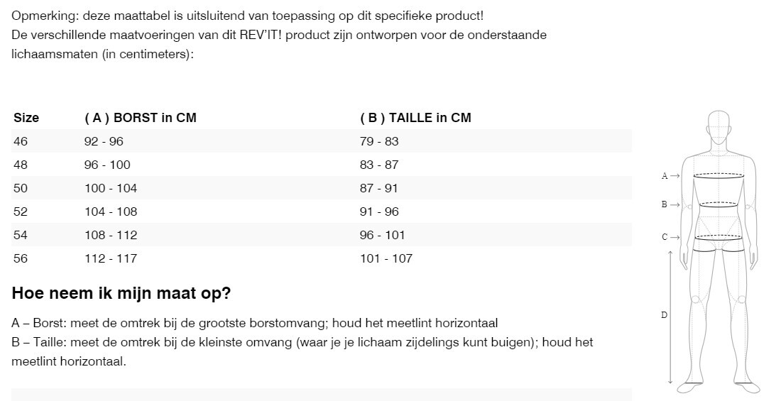 Foto: Size chart REV'IT!