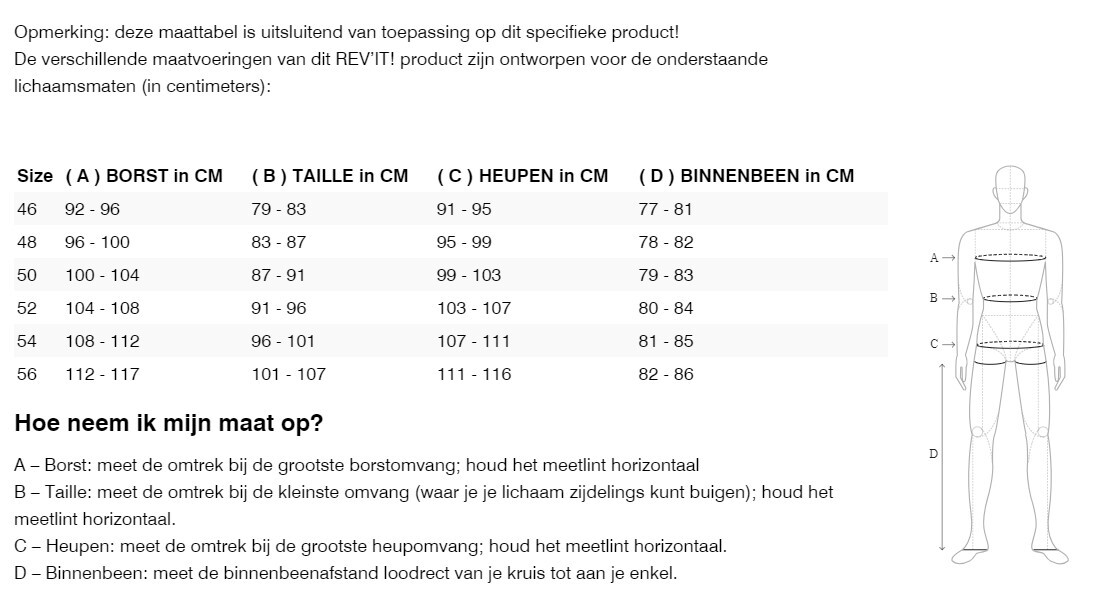 Foto: Size chart REV'IT!