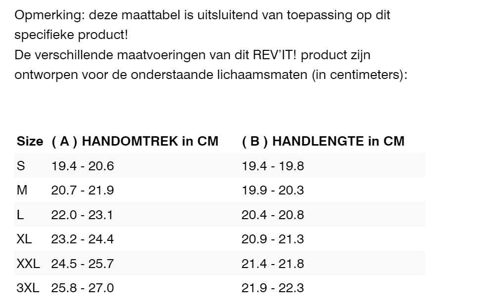 Foto: Size chart REV'IT!