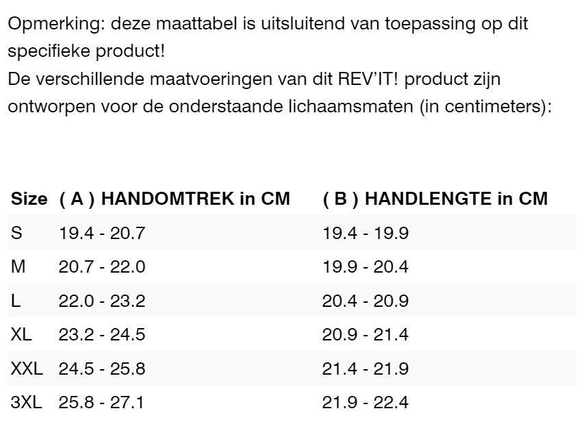 Foto: Size chart REV'IT!