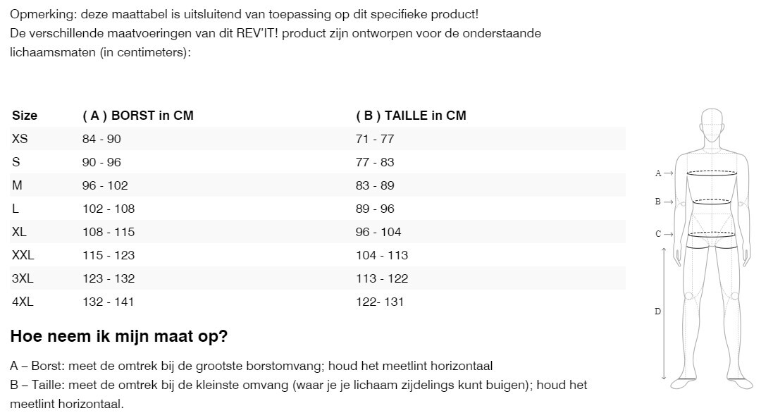 Foto: Size chart REV'IT!