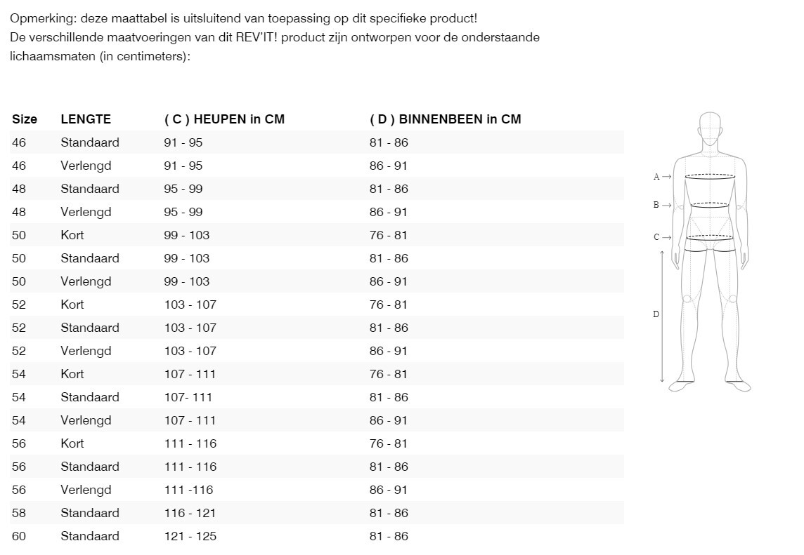 Foto: Size chart REV'IT!