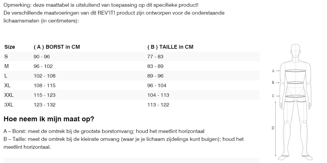 Foto: Size chart REV'IT!