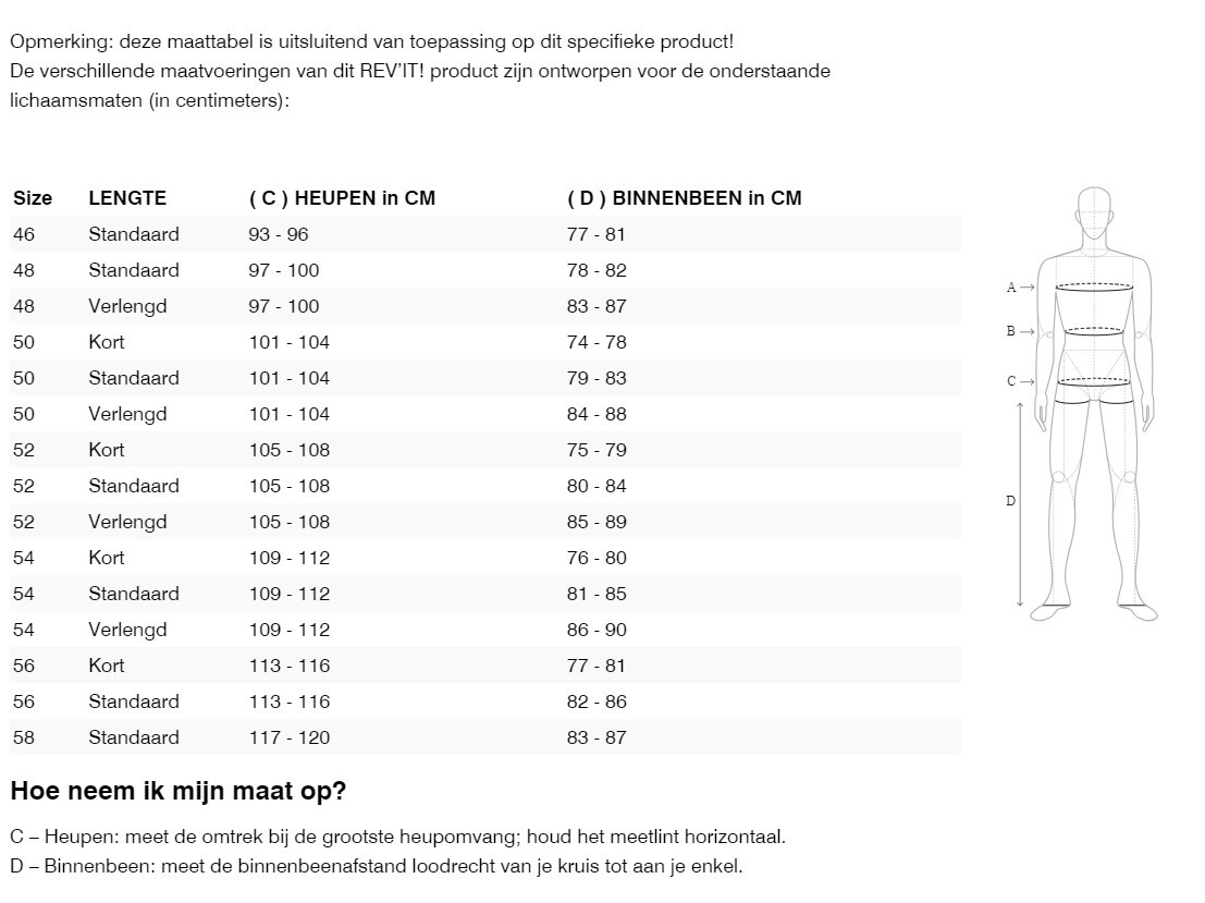 Foto: Size chart REV'IT!