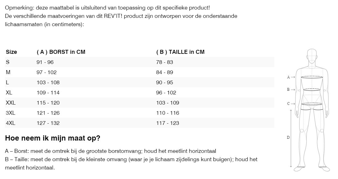 Foto: Size chart REV'IT!