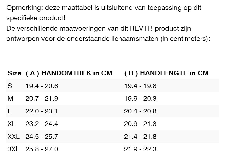 Foto: Size chart REV'IT!