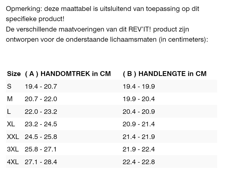 Foto: Size chart REV'IT!