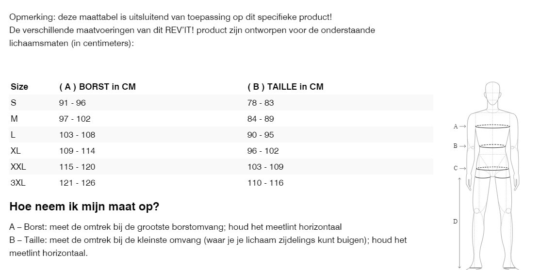 Foto: Size chart REV'IT!