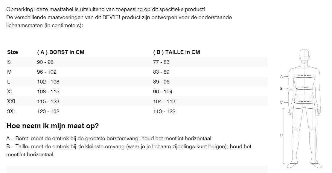 Foto: Size chart REV'IT!