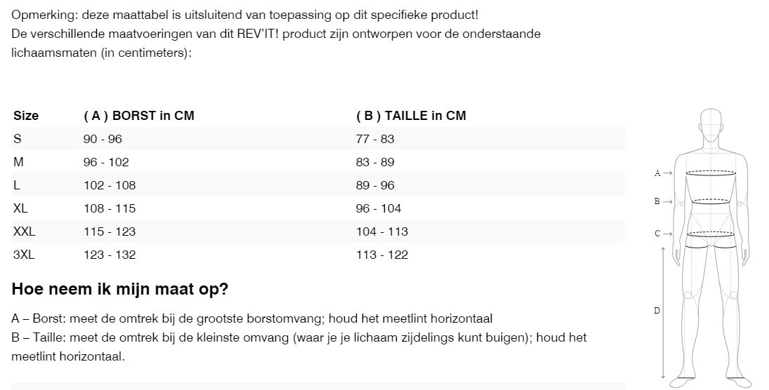 Foto: Size chart REV'IT!