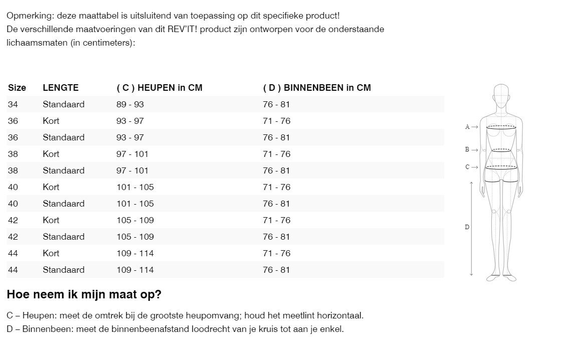 Foto: Size chart REV'IT!